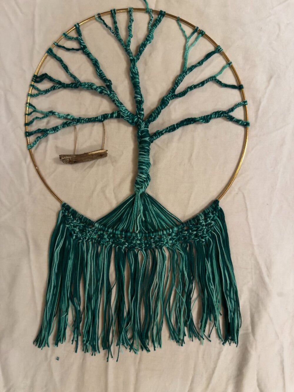 10" Gold Round Ring Boho Macrame Hombre Green Tree of Life with Wood Swing